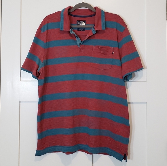 The North Face Polo Size XL Red Blue Striped Left Chest Pocket - Picture 1 of 14